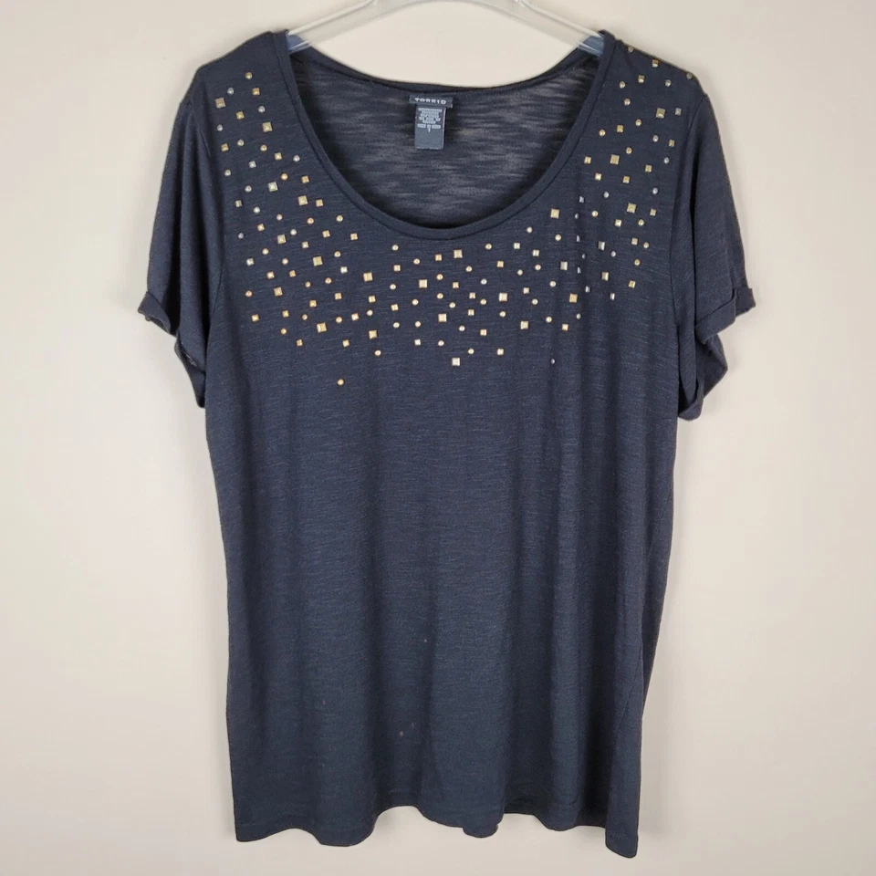 Torrid Size 1X Studded Short Sleeve Top Stretch Black Gold - Image 1 of 4