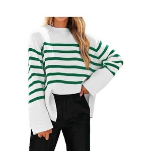 KIRUNDO Oversized Long Sleeve Striped Sweater Ribbed Knit Side Slit Pullover XL - Picture 1 of 5
