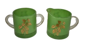 Glass Cream & Sugar Set Jade Green with Gold Leaves Vintage Christmas Decor - Picture 1 of 4