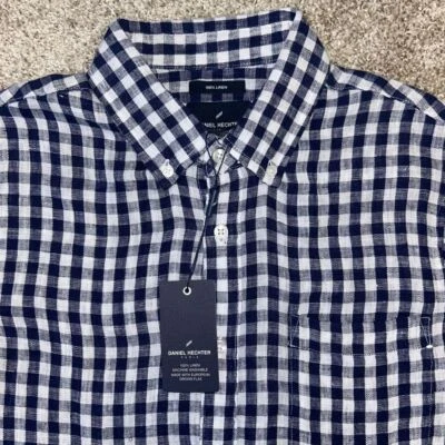 NWT Daniel Hechter Linen Plaid Button Down Shirt Men Size Medium Blue White (340 - Image 1 of 4
