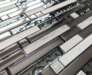 Luxury Grey Stone Chrome Silver Metal & Glass Rectangle Mosaic Wall Tiles 8mm - Picture 1 of 4