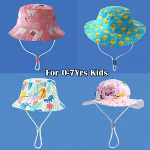 Toddler Baby Girls Summer Sun Hat Chin Strap Bucket Hats Kids Anti-UV Beach Cap - Picture 1 of 16