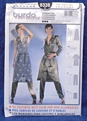 Burda Pattern 8336 Wrap Dress Tunic Long Vest Pants Skirt Coordinates 8-20 Uncut - Image 1 of 2