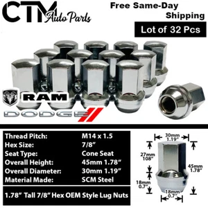 32x Chrome Dodge Ram2500 Ram3500 OEM Factory Lug Nuts M14x1.5 Fit Stock Wheels - Picture 1 of 3