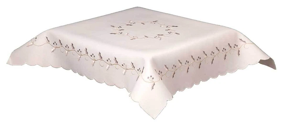 Christmas Tablecloths + Napkins, Embroidered Holly Vine in Cream or Silver - Image 1 of 1