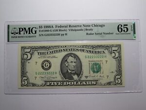 $5 1988 Radar Serial Number Federal Reserve Currency Bank Note Bill PMG UNC65EPQ