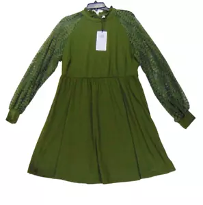 EXLURA Women’s Lace High Neck Long Puff Sleeve Mini Swing Dress Green XL - Picture 1 of 8