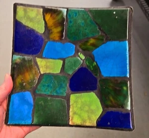 Vintage 1960s Mid Century Modern Blue Green Mosaic Abstract Tile Art Trivet Tray - Picture 1 of 10