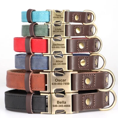 Collare in Pelle per Cane Cani Personalizzato Nome Numero di Telefono Regolabile - Image 1 of 4