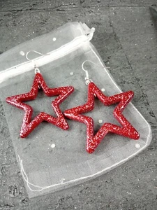 Large Red STAR sparkle earrings Big stars in gift bag Funky Fun Dangles - Picture 1 of 3