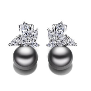 Fashion stud earrings with gray pearl and Zirconia stones Wholesale Jewelry 