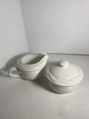 Pfaltzgraff Acadia Replacement Sugar Bowl w/ Lid and Creamer Set White Woven VTG - Image 1 of 4