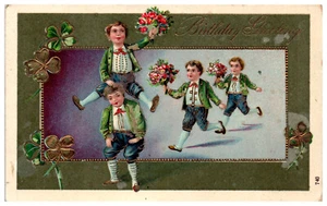 Postcard Embossed Birthday Greeting Lucky Clovers Boys Playing Leapfrog Flowers - Picture 1 of 3