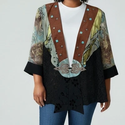Spencer Alexis Kimono Jacket Women's Size 1X Black Brown Floral Lace Silk Blend - Image 1 of 4