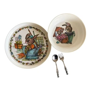 VTG Oneida Deluxe Peter Rabbit Plate Bowl Silverware Bunny 1970's 4 Pieces - Picture 1 of 9