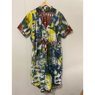 Vestido midi africano tie-dye botón delantero manga corta cordón cintura para mujer Foto 1 de 4