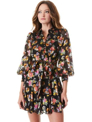 Alice + Olivia Mina Button Front Belted Godet Mini Dress Sz 6 Silk Blend Floral - Image 1 of 4