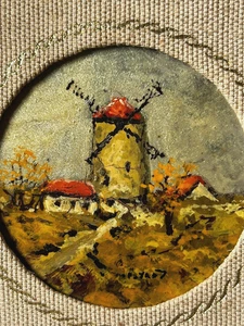 Vintage Miniatur Ölgemälde Windmühle Bauernhof Landschaft signiert/gerahmt 6x5" - Bild 1 von 8