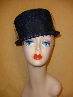 Classic Navy Blue Straw Hat with Grosgrain Ribbon & Netting in a Tall Silhouette - Image 1 of 4