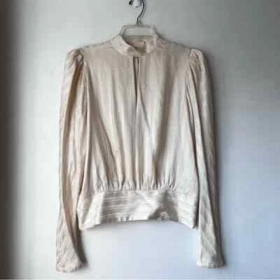 Блузка ванильная с белой жаккардовой полосой в рамке с замочной скважиной шелковая с длинным рукавом L - Изображение 1 из 4