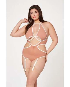 Seven 'til Midnight Queen Mesh Cut Out Halter Teddy Nude/White - Picture 1 of 3