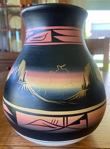 Navajo Pottery Hand Painted Vase Signed Black Gold Salmon - Picture 1 of 8
