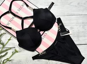 Victoria's Secret Swim Metal CHAIN Push Up Top Bra Bikini Set Black - Picture 1 of 8
