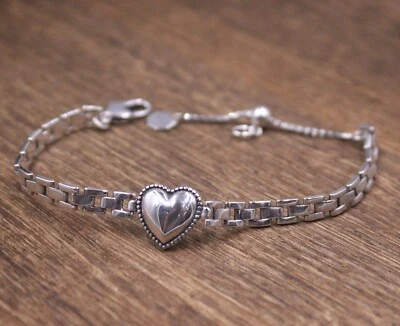 Solid 925 Sterling Silver Chain Women Lucky Heart Adjustable Link Bracelet - Image 1 of 4
