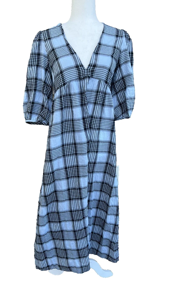 Zara Plaid maxi cotton plaid cottage v-neck dress 3/4sleeve size XS A000257 - Image 1 of 4