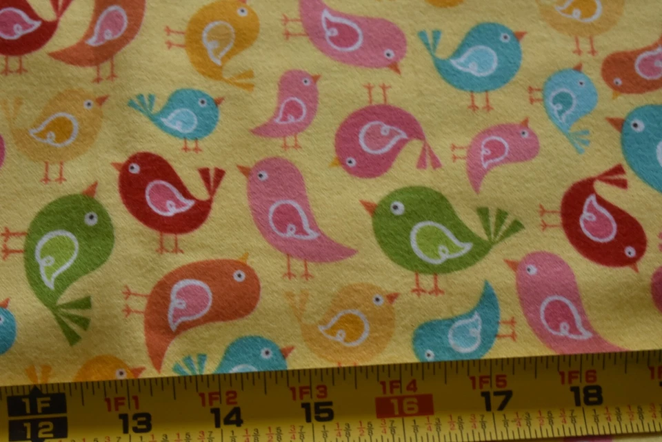 18" Long, Colorful Birds on Yellow Cotton Flannel, Riley Blake, Whitlock, N4760 - Image 1 of 4