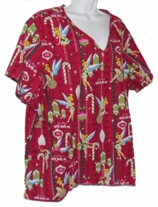 Women's Disney Tinker Bell Christmas Scrub Top I’m There With Bells On Red Sz 3X - Picture 1 of 4