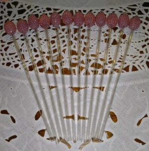 Cocktail Drink Swizzle Sticks Set Of 12 Pink Berry Glass Stirrers Straws VINTAGE - Picture 1 of 6