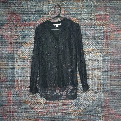 Diane von Furstenberg womens black Lorelei floral lace button rollup top 2 EUC - Image 1 of 4
