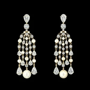 Raindrop Pearl & Lab Created Brilliant-Cut Diamonds Chandelier Earring for Women - Picture 1 of 7