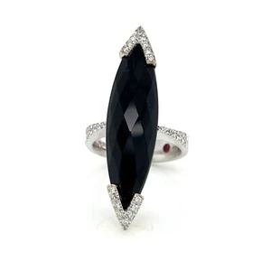 Roberto Coin Diamond Onyx 18k White Gold Long Marquise Shape Ring - Size 6 - Picture 1 of 8