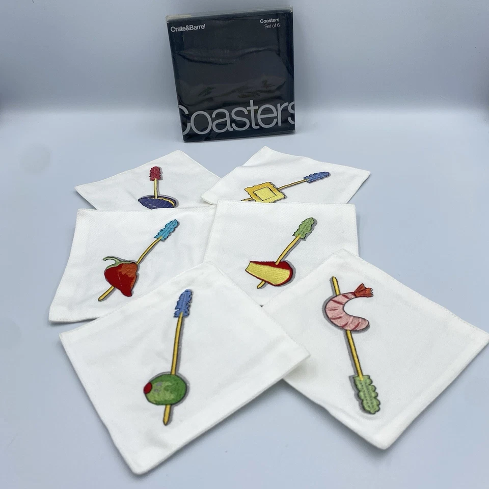 Crate & Barrel Tidbits Appetizer Coasters Cotton Embroidered Set 6 Fruit Cheese - Image 1 of 4