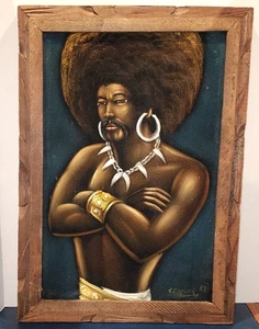 Original VTG Black Velvet Painting Mexico  Retro 70 Style Black Male Afro Signed - Picture 1 of 6