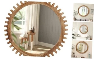  Round Wood Mirror, 24 Inch Rustic Farmhouse Circle Mirror with Wooden Frame,  - Picture 1 of 8