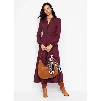 Vestido Boden Borgoña En Niveles Midi Cintura Fruncida Manga Larga Boho Vestido de Otoño 10 Foto 1 de 4