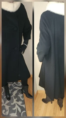 Abrigo Columpio De Lana Negro De Colección con Cuello de Piel y Guantes de Ópera ILGWU Hecho en Unión EE. UU.*Buen Estado Foto 1 de 4