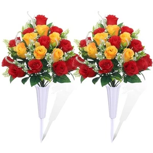 Set of 2 Artificial Cemetery Flowers, Grave Memorial Flowers with Vase, Outdo... - Picture 1 of 6