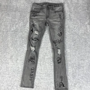 Pantalones de mezclilla ajustados Ninth Hall Rogue para hombre 30x32 gris envejecido patinador estampado graffiti - Imagen 1 de 14