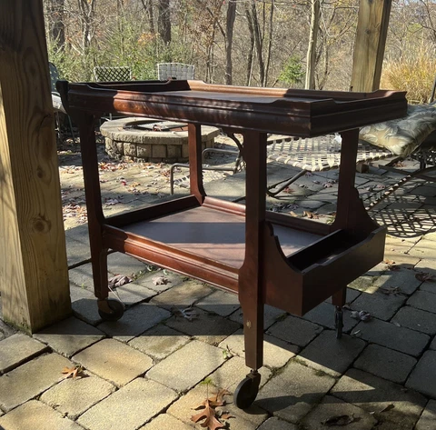 Antique Tea Cart Wood Serving 2 Tier Rolling with carved handle Cover