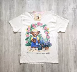 NOS Vintage 90s Teddy Bear Womens L Flowers Gardening T-shirt - Picture 1 of 10