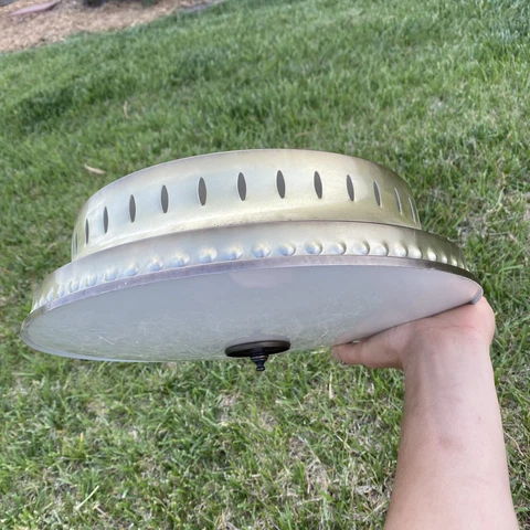 MCM Atomic Flush Mount Ceiling Light Fixture - Frosted Glass and Stamped Brass Cover