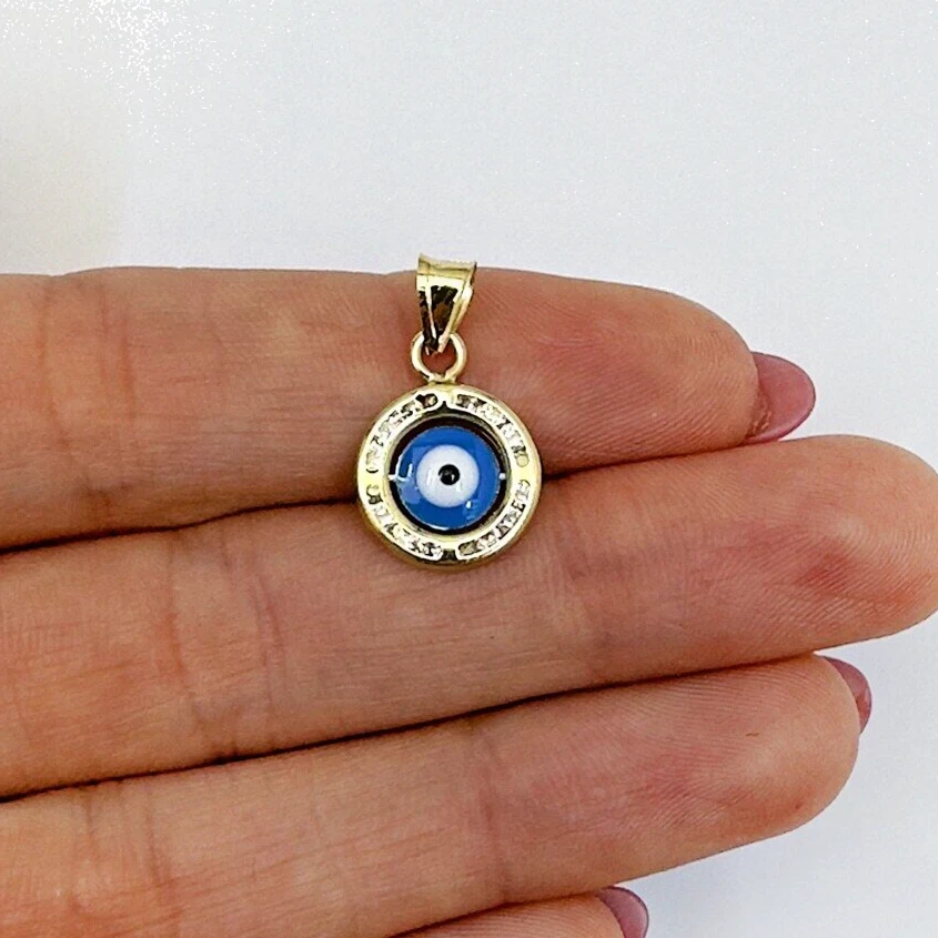 Colgante redondo de oro de 10 quilates circonita cúbica para mal de ojo de 0,8" Foto 1 de 4
