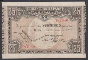 Spain 25 Pesetas 01-01-1937 VF P. S563d, Banknote, Circulated - Picture 1 of 2