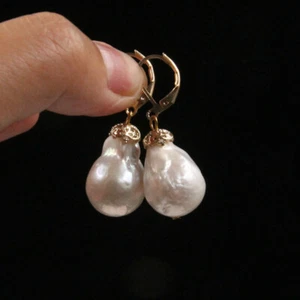 Natural Cultured Baroque Pearl Earrings 18K Gold Ear Drop Dangle Hoop White~ - Picture 1 of 3