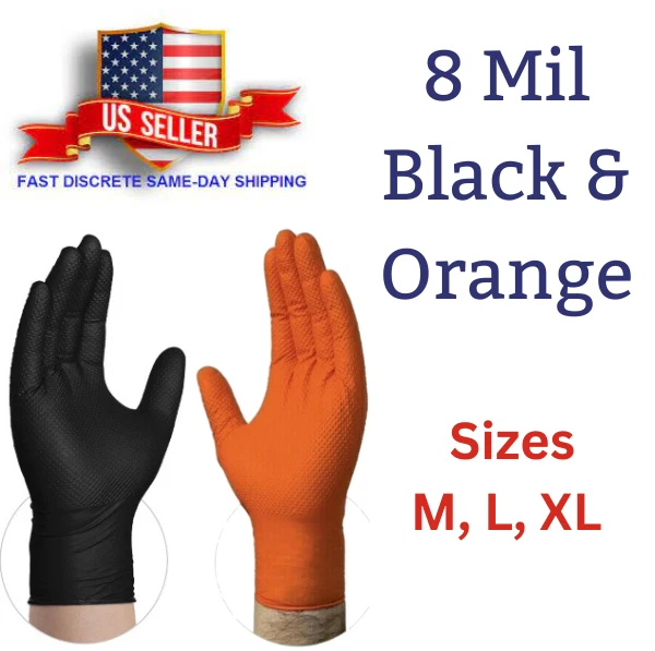 Black/Orange Nitrile Disposable Gloves 8 Mil Raised Diamond Texture | Fast Ship - Image 1 of 1