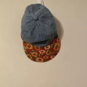 Denim Floral Cottage Core Base Ball Cap Dad Hat Stretch 100 Cotton Red Vtg Look - Picture 1 of 4